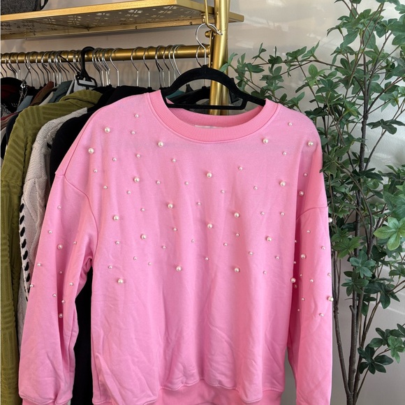 haven grace Tops - Elegant Pink Pearl-Studded Sweatshirt